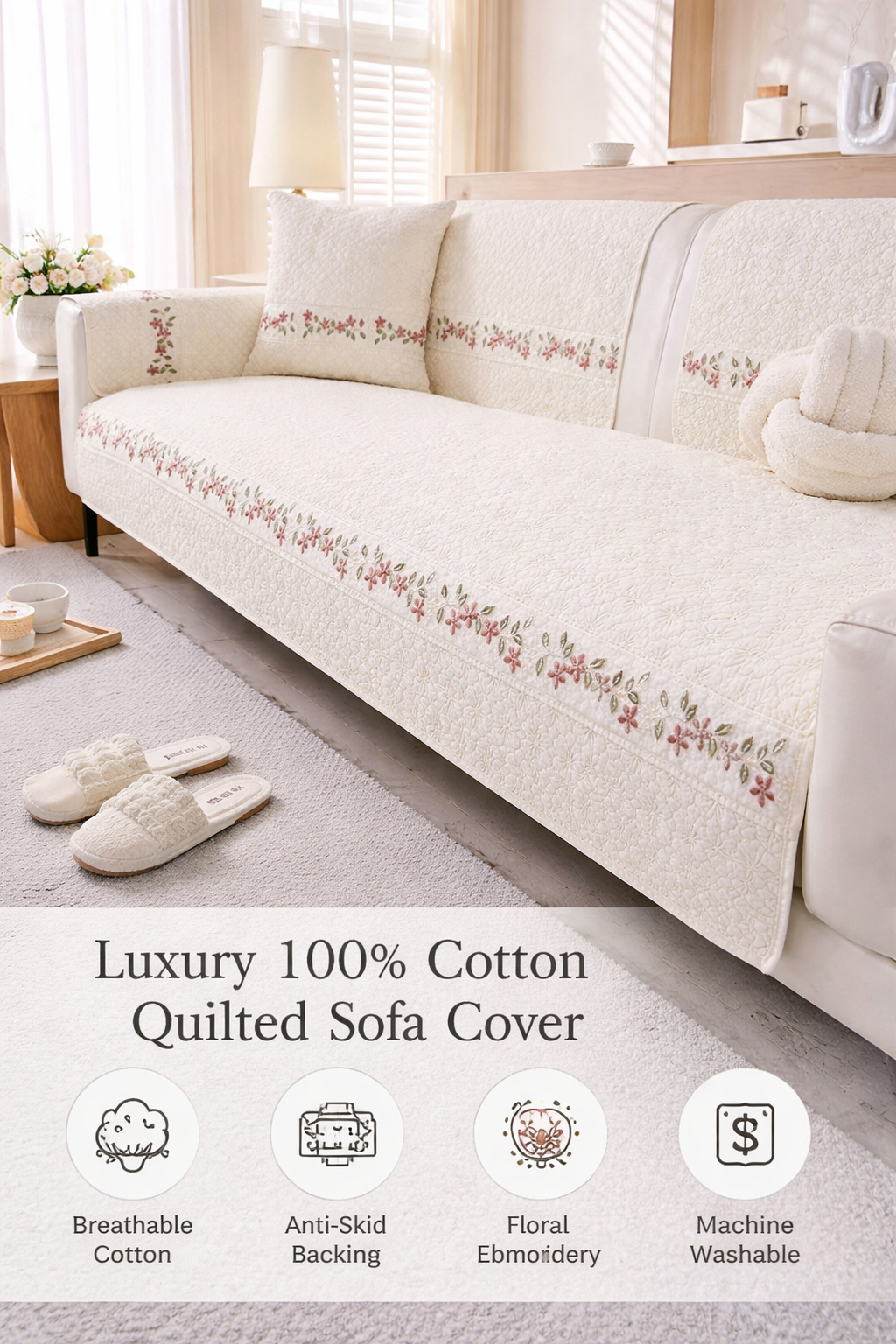 Luxury 100% Cotton Quilted Sofa Cover | Modern & Minimalist | Anti-Skid Slipcover | Soft Breathable Couch Protector