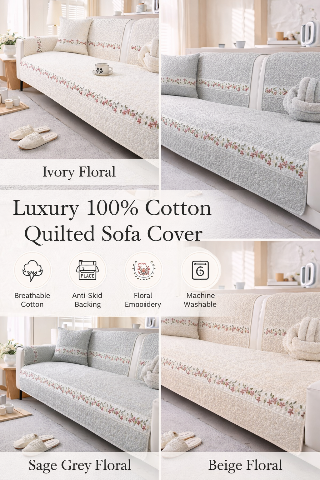 Luxury 100% Cotton Quilted Sofa Cover | Modern & Minimalist | Anti-Skid Slipcover | Soft Breathable Couch Protector