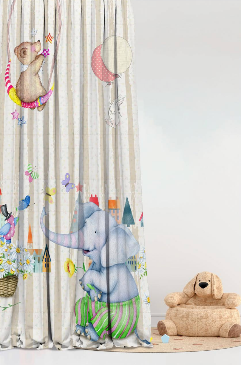Designer Curtain -Playful Safari Friends Kids Curtains (Elephant, Bear & Bunny Adventures)
