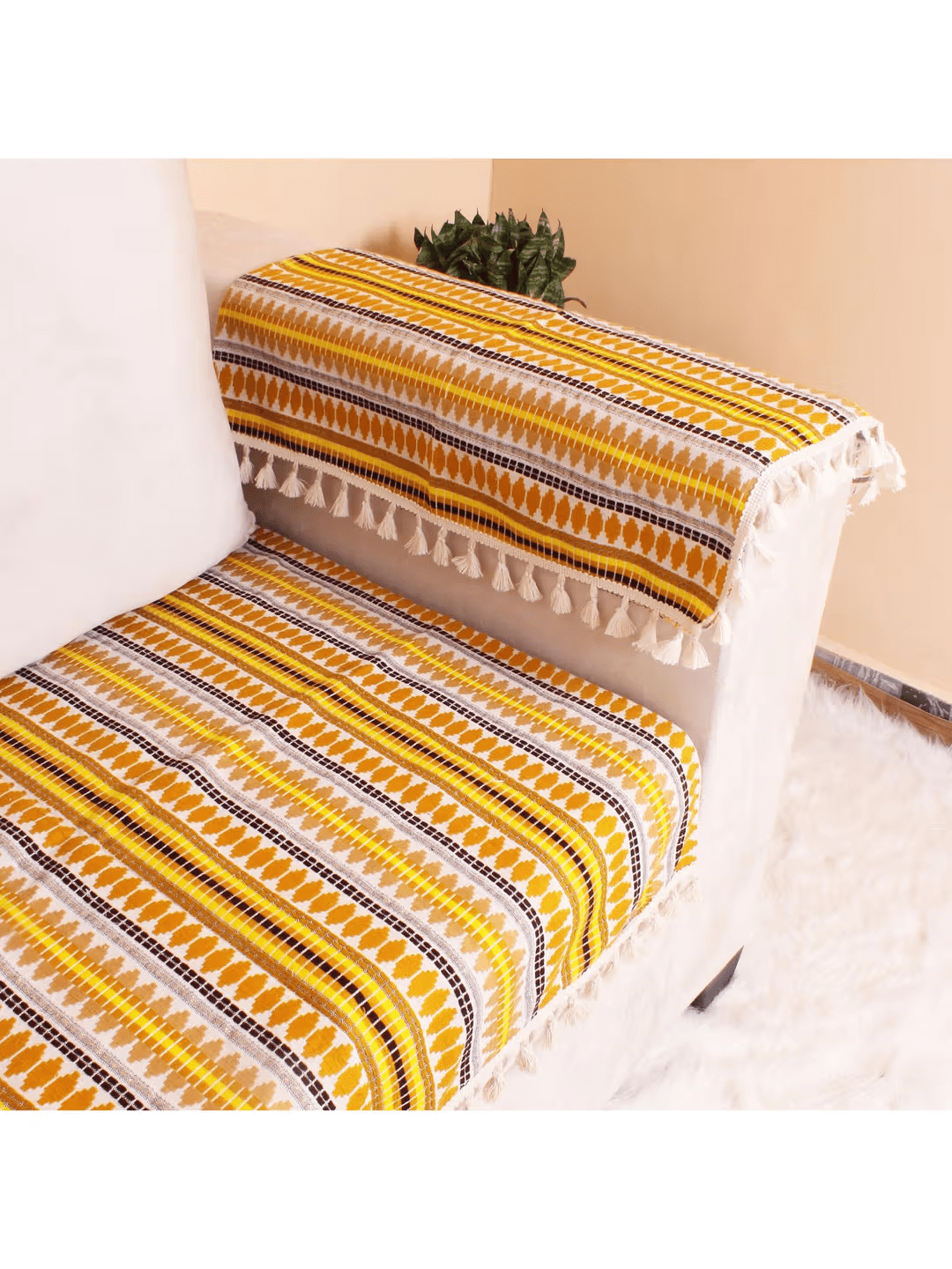 Handwoven Ethnic Stripe Sofa Cover - Mellow Yellow