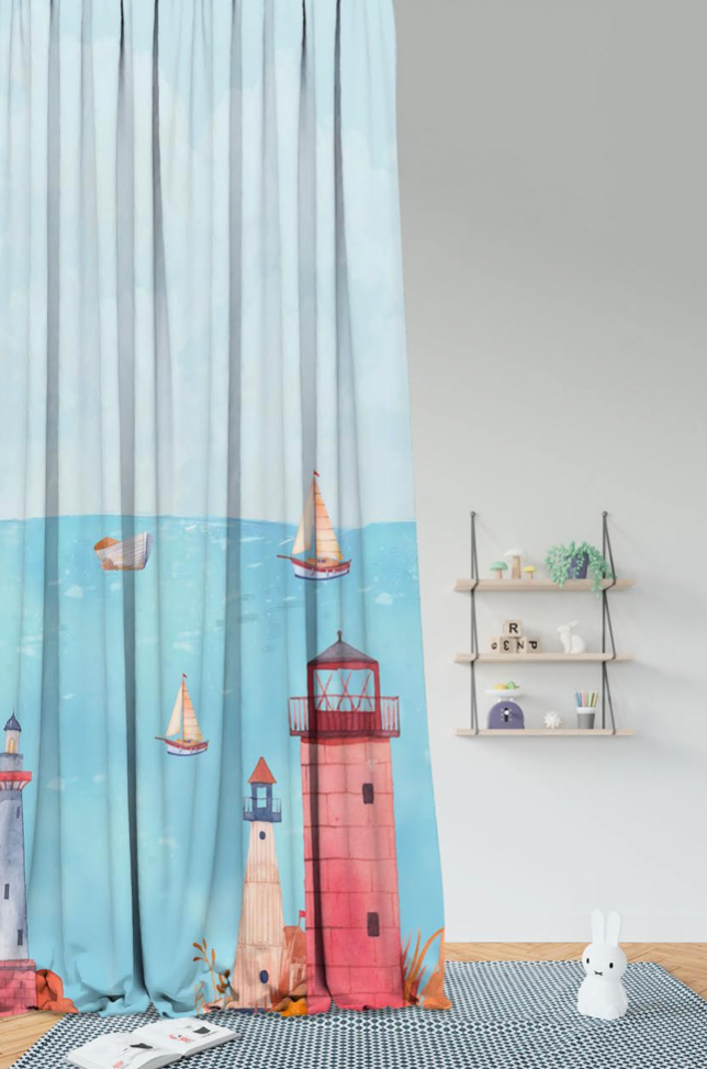 Designer Curtain -Coastal Lighthouse Adventure (Nautical Theme Curtains)